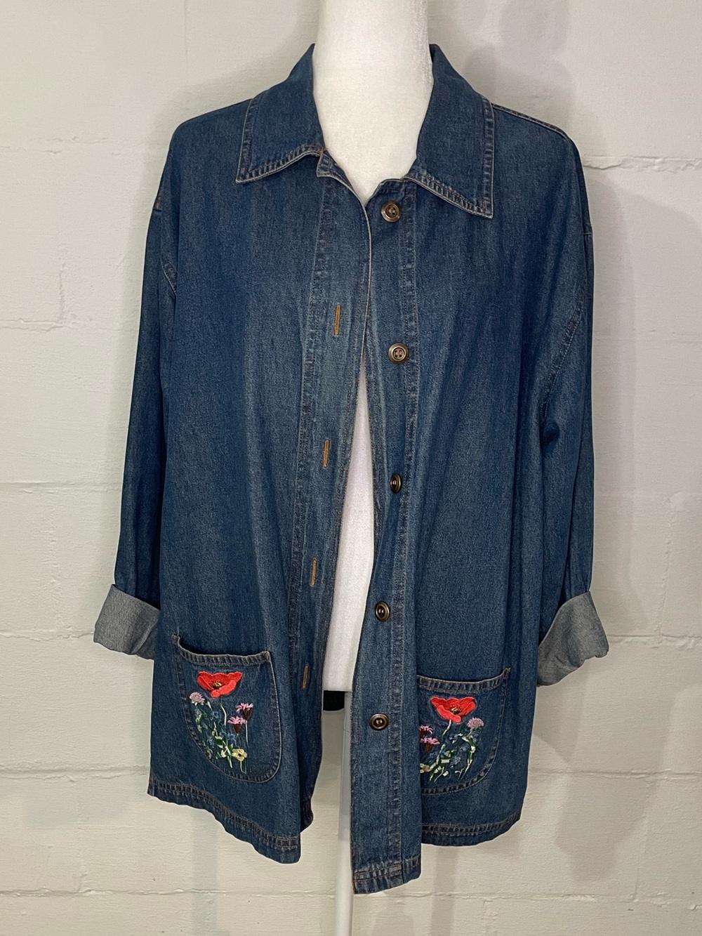Blair Denim Button-Down Shirt Jacket with Red Floral Pocket Embroidery